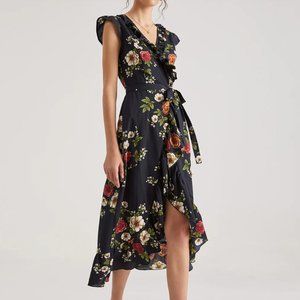 Commense Contrast Floral Print V-Neck Cap Sleeve Slit Wrap Dress Navy- Small
